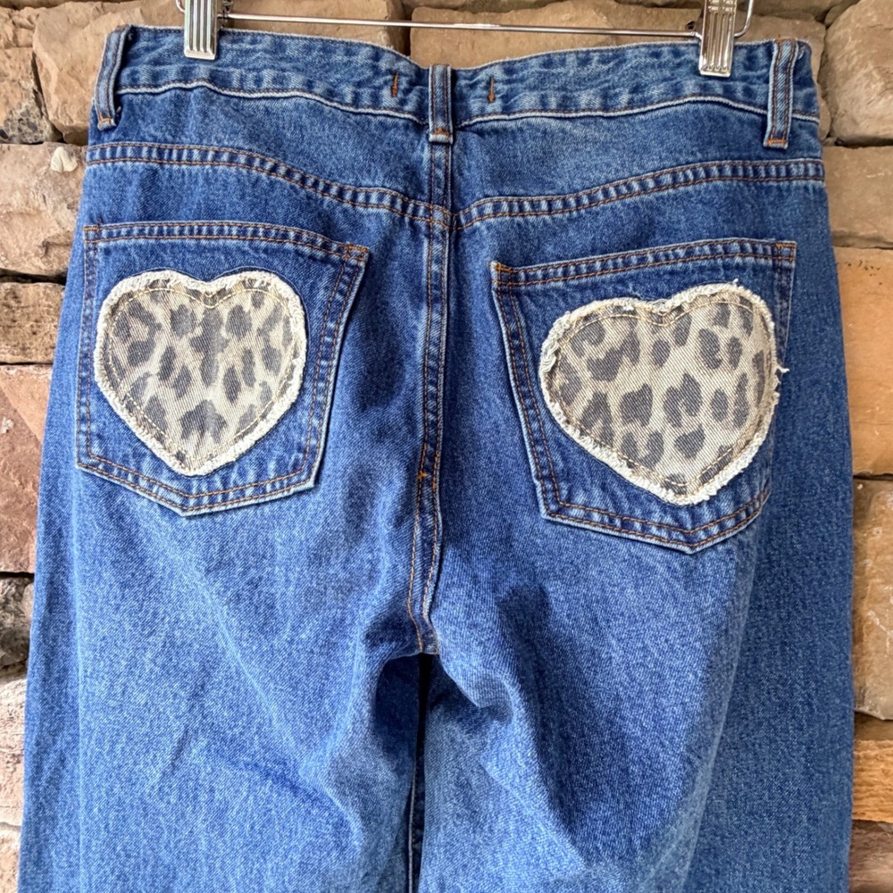 Disclosure Womens 7/28 Wide Leg Jeans Blue Denim Leopard Heart Pockets Grunge